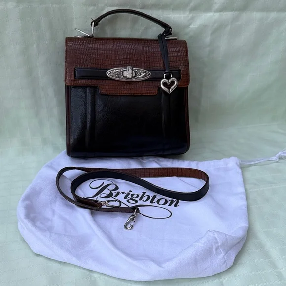 Vintage Black/Brown Brighton Leather Top-Handle Bag with Silver Hardware - Picture 15 of 16